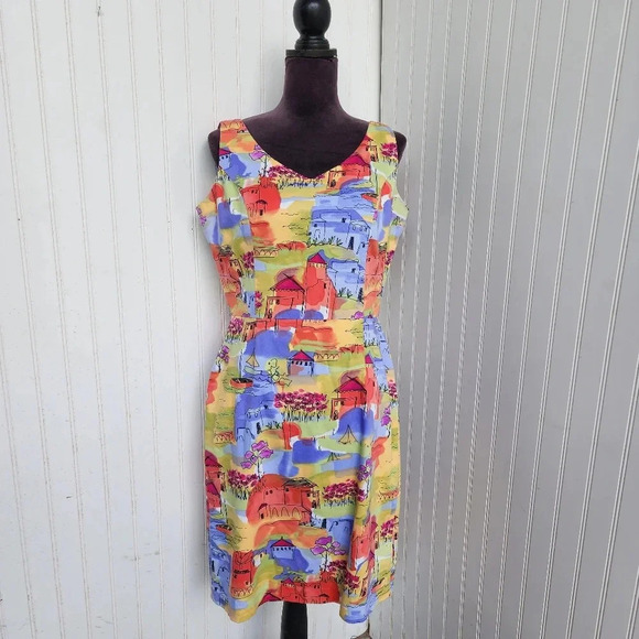 Coldwater Creek Colorful Seaside Village Print Sheath V-Neck Dress Pastel Sz 8 - Picture 1 of 12
